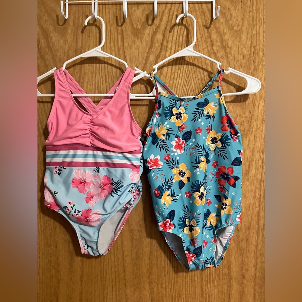 Floral and Striped Girls' Swimsuit Set